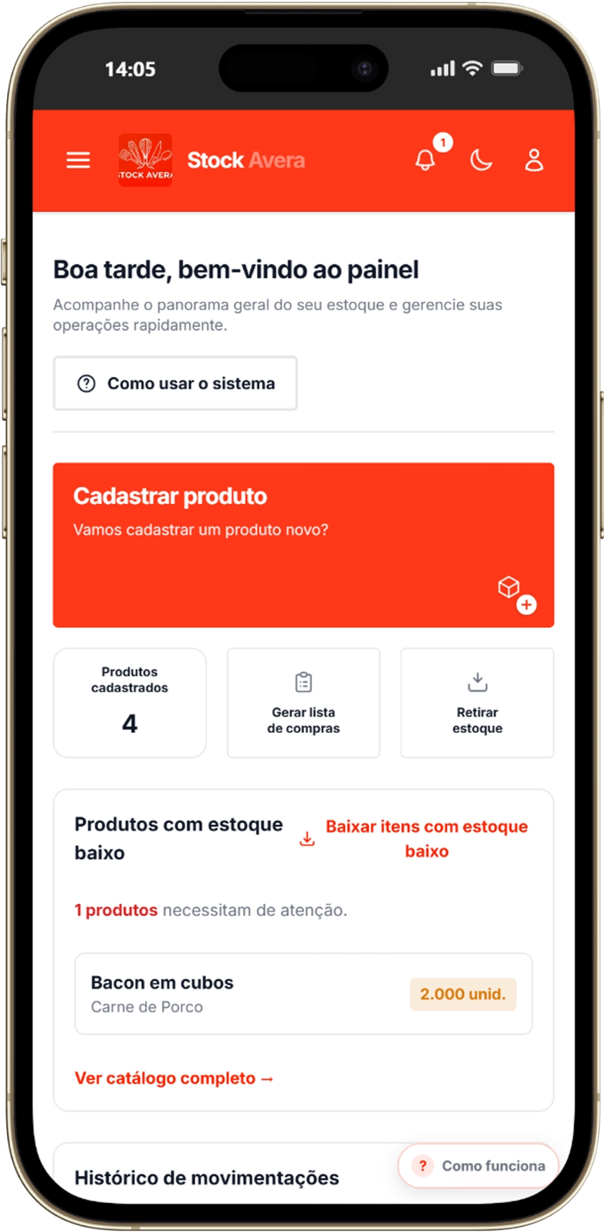Painel responsivo do Stock Avera exibido em um iPhone